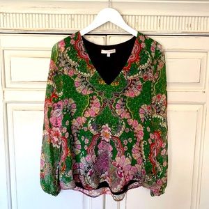 MLavendar Brown 100% Silk Long Sleeve Floral Paisley Blouse Made in USA Sz Small